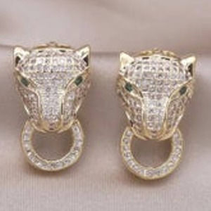 Panther Earrings Big Cat 14K Gold Plate / Clear CZ JA25